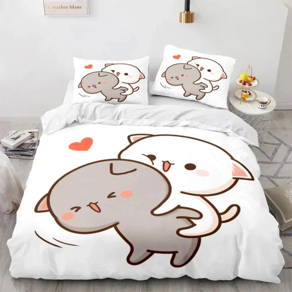 Lovely Peach Cat Comfortable Duvet Quilt Cover Pillowcase Bedding Set Children Bedroom Decoration Home Textile