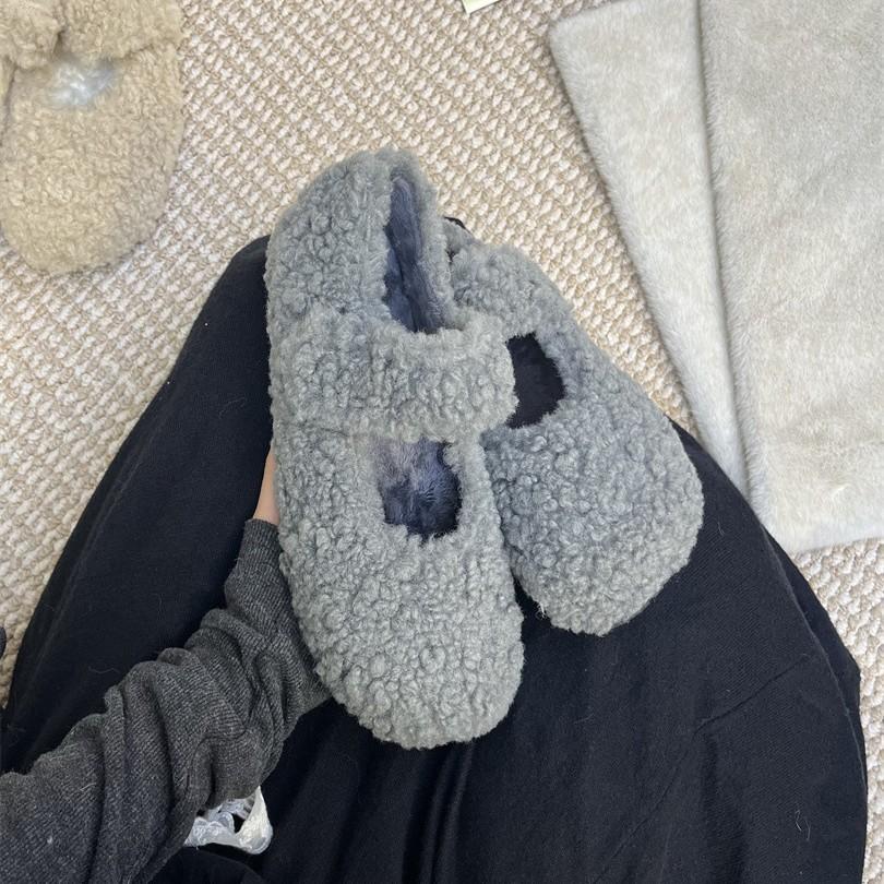 Lågskor i lamull för damvintermode 2025 nya sammetsmössskor med Mary Jane-pumps