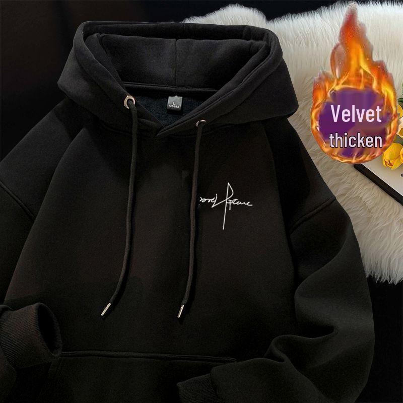 Men's Gray Hooded Sweatshirt: Thick, Velvet-Lined, Trendy American Style for Autumn/Winter