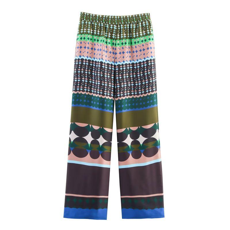 

Kaslead New Women clothes Western Style Print Silk Satin Texture Shirts Trousers 8796291 8768292 Pants L