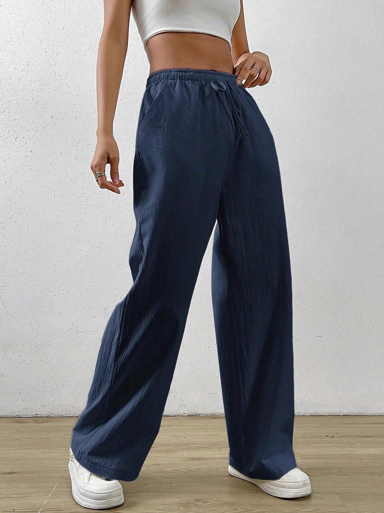 

2025 European & American High-Waist Casual Drawstring Trousers with Slanted Pockets for Women Medium глубокий/синий