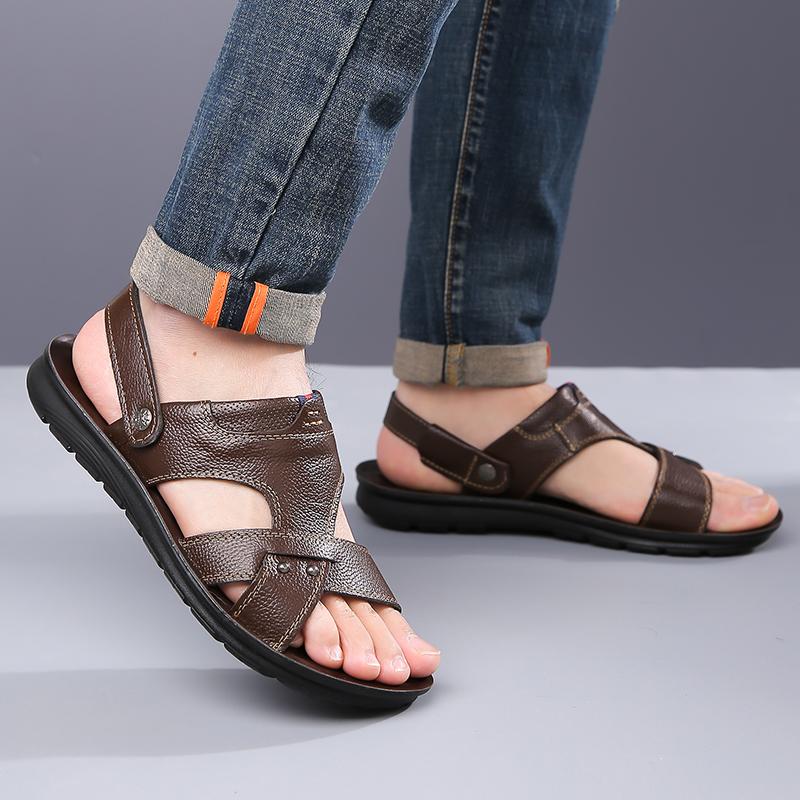 Herren Schwarz Leder Sandalen Sommer Braun Outdoor Wandersandalen Outdoor Breite Zehenpartie Strandschuhe für Vater Übergröße