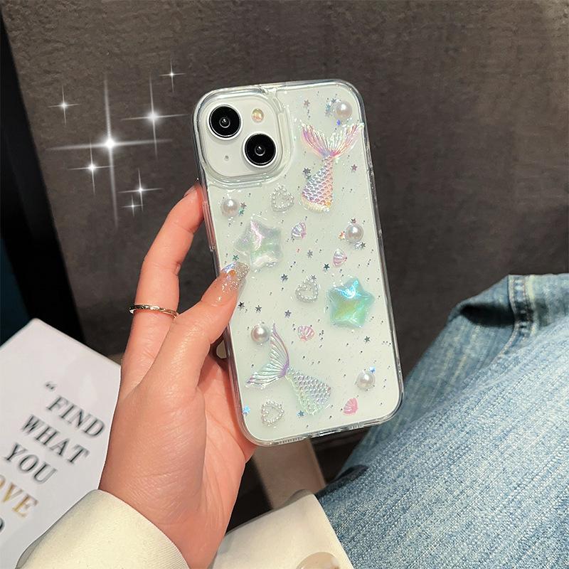 Dropped Mermaid Star Pearl Phone Case for Apple 16 Promax Transparent Sparkling Powder for IPhone 17 Soft Case