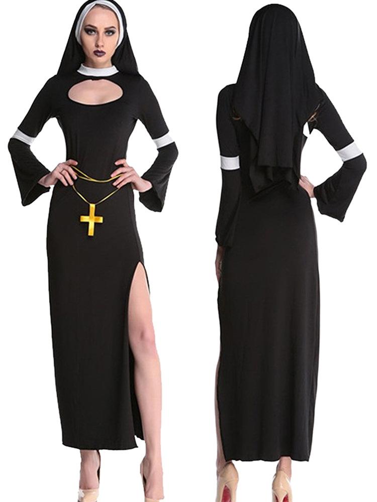 Halloween Nun Costume for Women Adult Role Play Outfit, Priest Cross Gothic Cosplay Dress, Anime Girl Party Fancy Dress