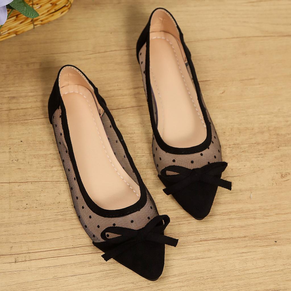 Korean Summer Breathable Single Shoe Flat Heel Bow Mesh Pointed Flat Sole Shoes
