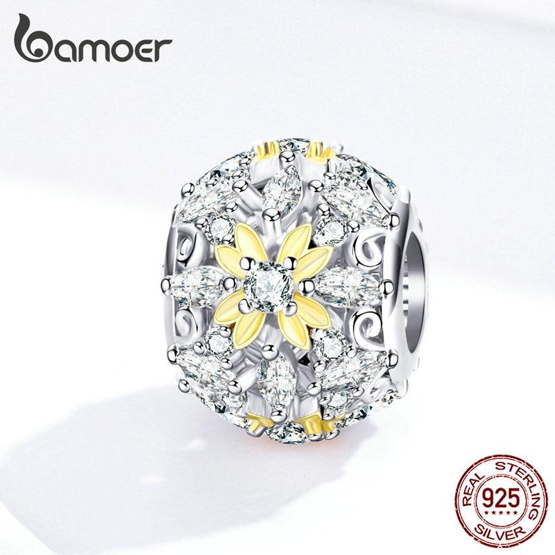 BAMOER Enamel Flower Openwork Round Beads for Women Charm Silver 925 Jewelry Fit 3mmm Snake Bracelet