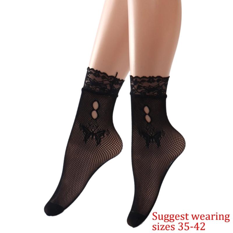 Breathable Fishnet Patterned Ankle Socks for Women Fashionable Hollowout Design with Lace Trim Short Crew Socks Hosiery