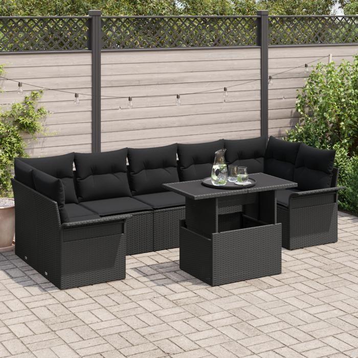 Ensemble de Canapés de Jardin 8 Pièces avec Coussins en Rattan Poly Noir, Canapé de Jardin 2 Places avec Rangement & 3356976