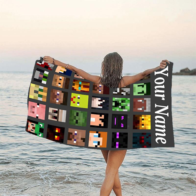 1pc Minecraft2 Beach Towel with Custom Name, Beach/Swimming/Bath/Picnic/Camping Towel, Suitable for Seaside Beaches