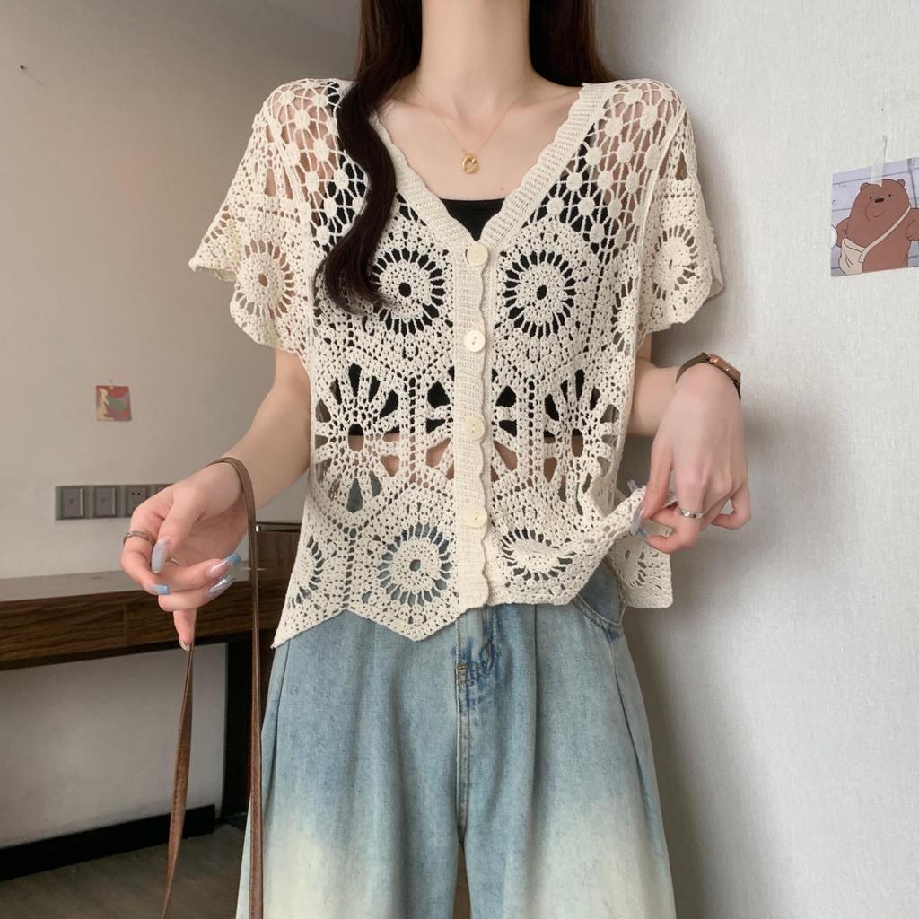 Women's French V-Neck Crochet Knit Cardigan - Chic Summer Fashion, Slimming Loose Fit, Versatile Top