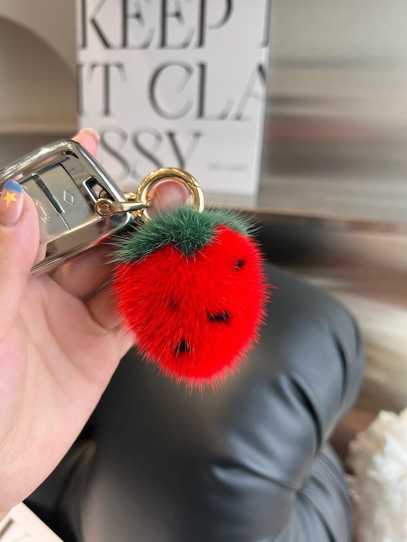 

Mini Cute Strawberry Real Mink Fur Key Chains Plush Ball Toy Women s Bag Charm Ornaments Car Keyring Trinkets Cell Phone Pendant 6 cm