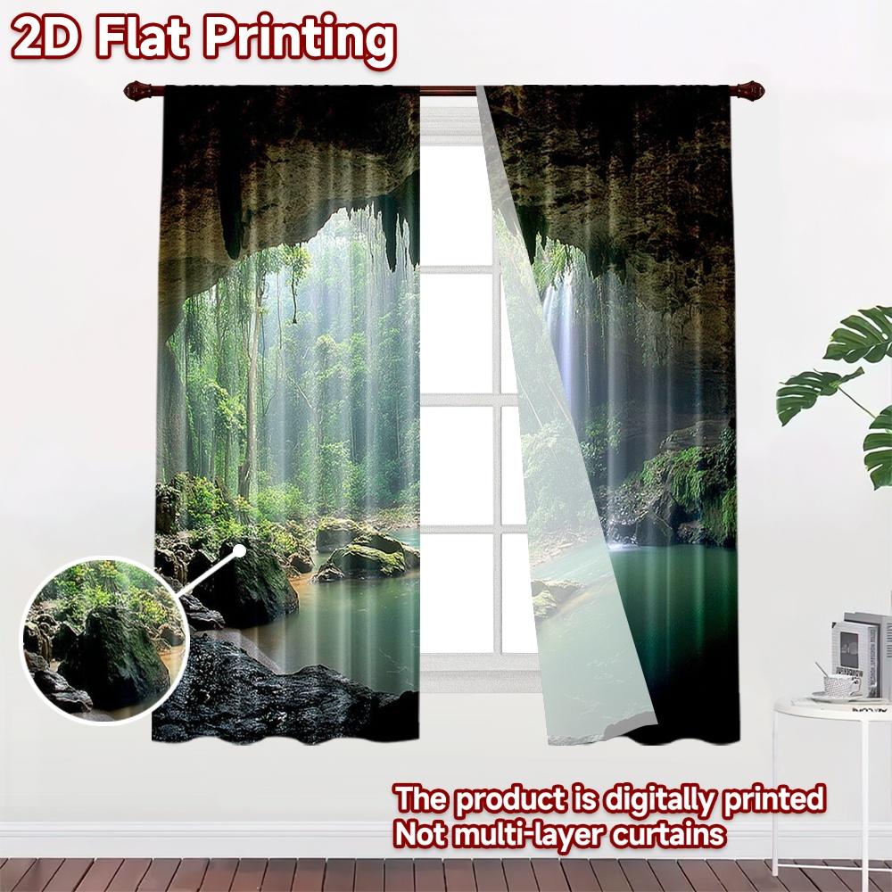 2D Flat Printing 2pcs Window Curtains Cave Waterfall Forest Nature Digital Printed Polyester Drapes Seasonal Party & Holiday