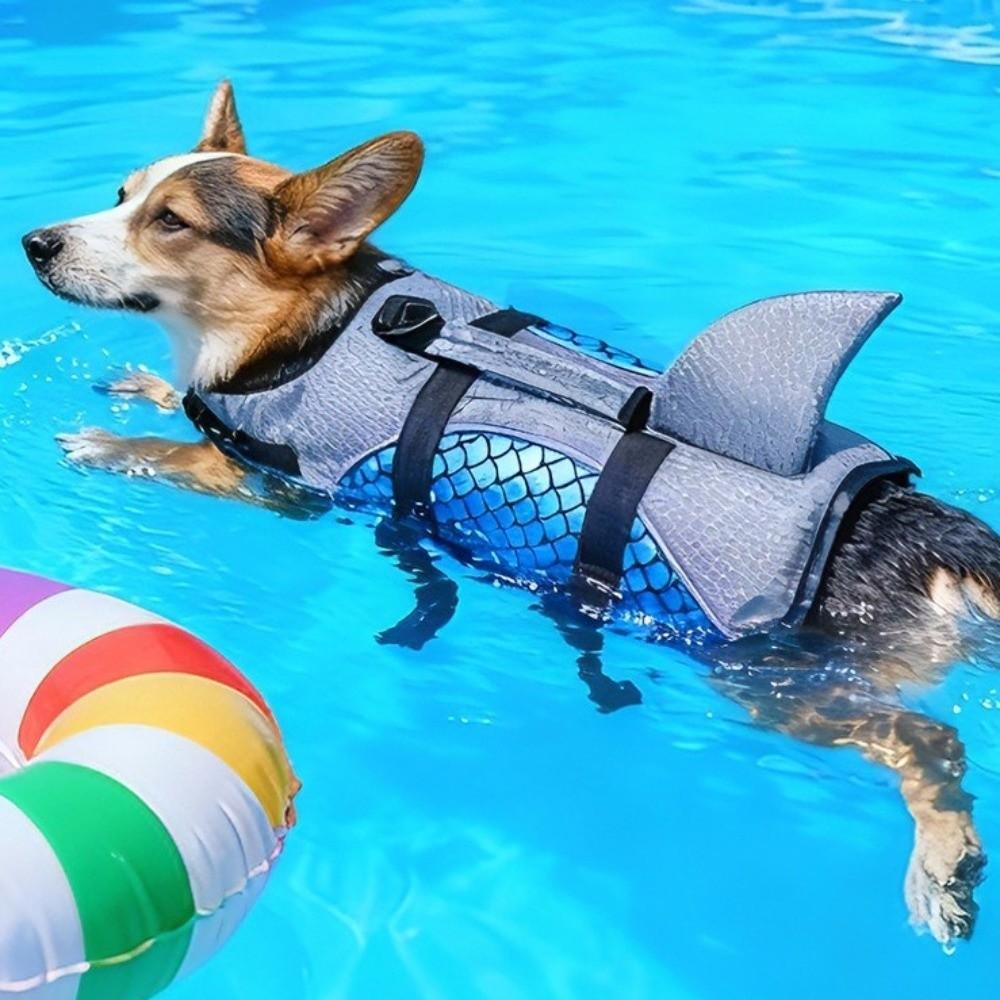 Strong Buoyancy Dog Life Jacket Shiny Scales Quick Drying Dog Swimming Suit Shark Fin Style Adjustable Puppy Safety Vests