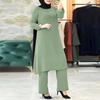 New Muslim Women's Clothing Round Neck Placket Bubble Sleeve Shirt Side Seam Decorative Wooden Buckle Fashion Casual Suit