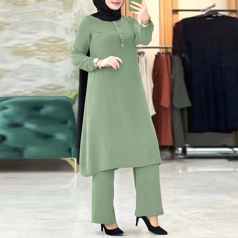 New Muslim Women's Clothing Round Neck Placket Bubble Sleeve Shirt Side Seam Decorative Wooden Buckle Fashion Casual Suit