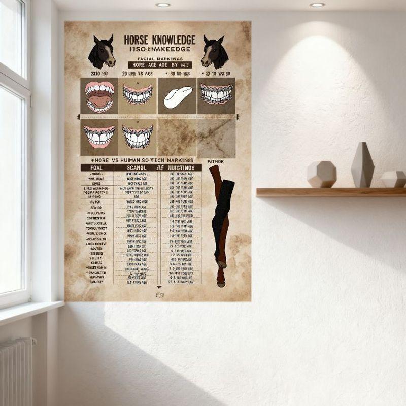 Vintage Horse Knowledge Educational Tin Sign - Horse Age, Facial Markings & Social Traits Infographic Wall Decor for Man Cave Ho