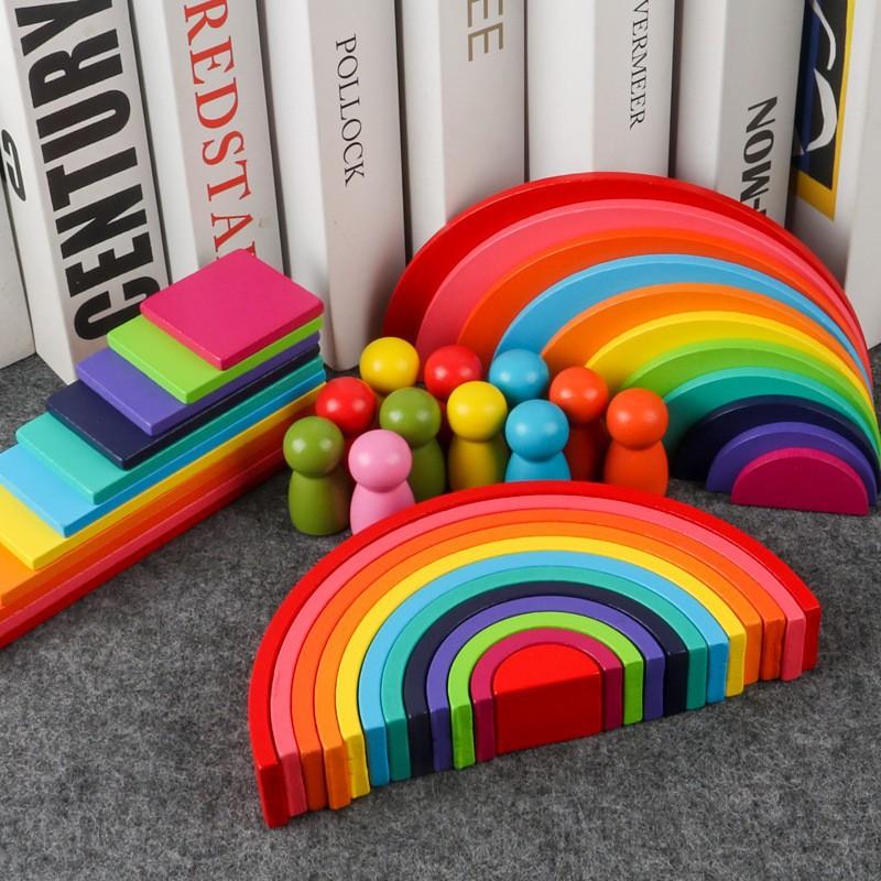 Children's Colorful Pebbles Rainbow Building Block Arch Bridge Villain Stacking Music Training Baby Hand-eye Coordination Wooden