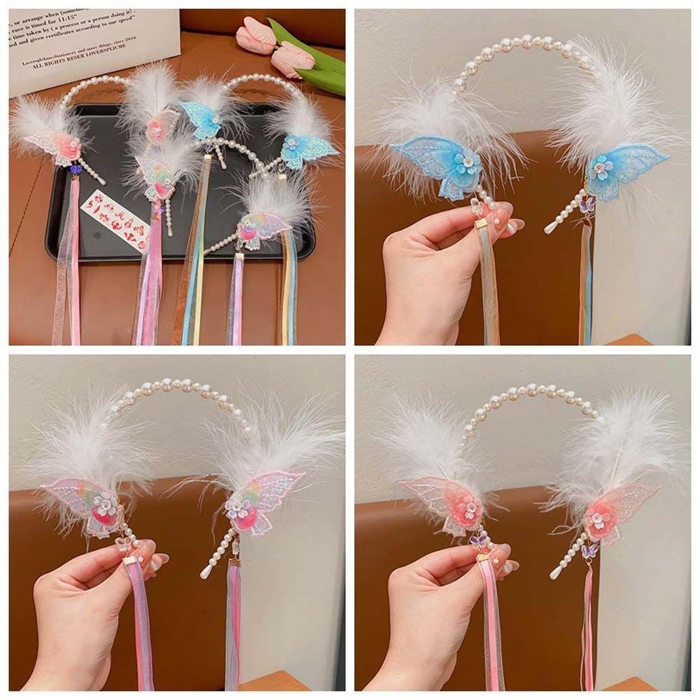 

Flower Feather Hair Hoop Long Tassel Children Hair Bands Creative Pearl Headband Girls