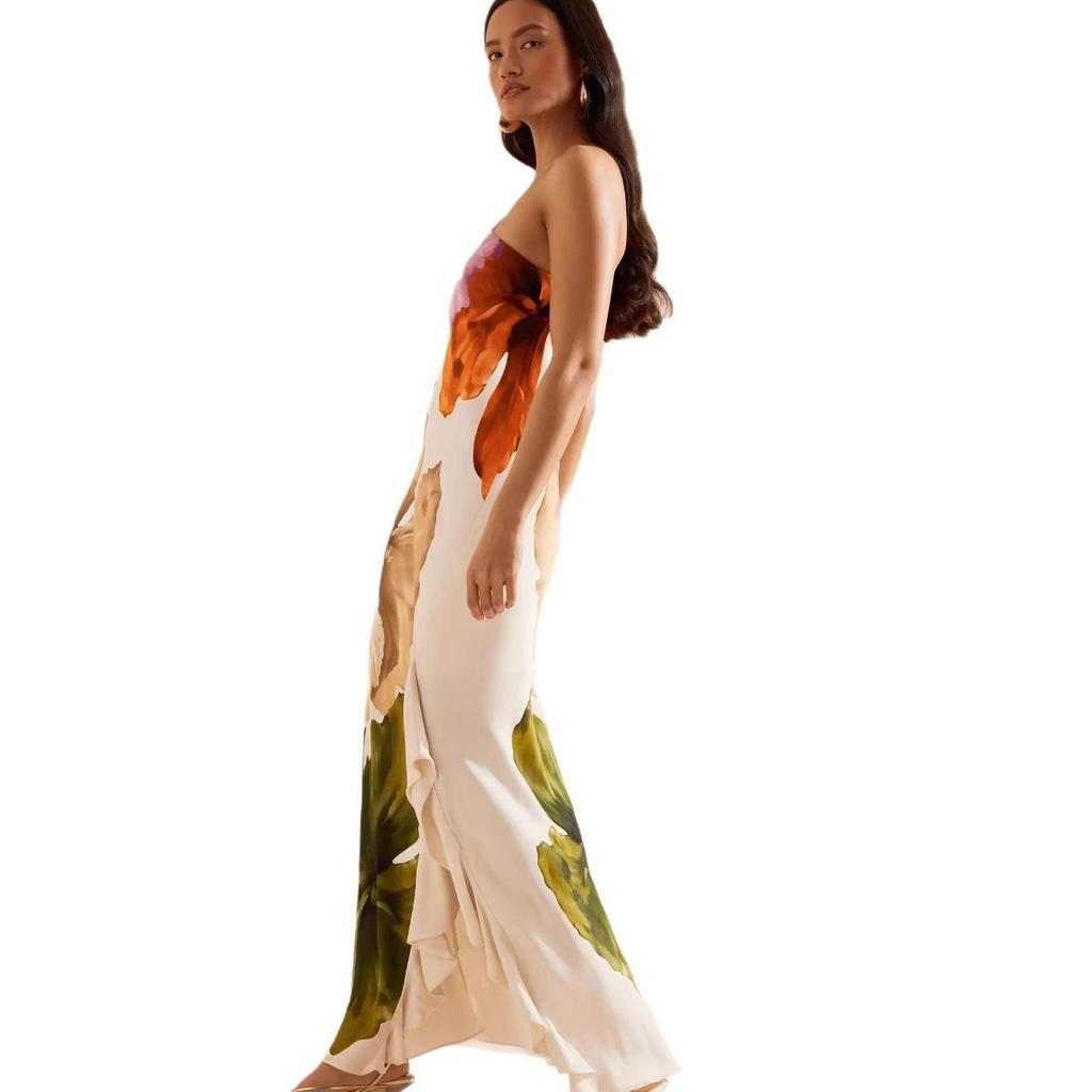 Maxikleid mit einem Schulterträger, Blumenprint, hohem Schlitz und asymmetrischem Saum