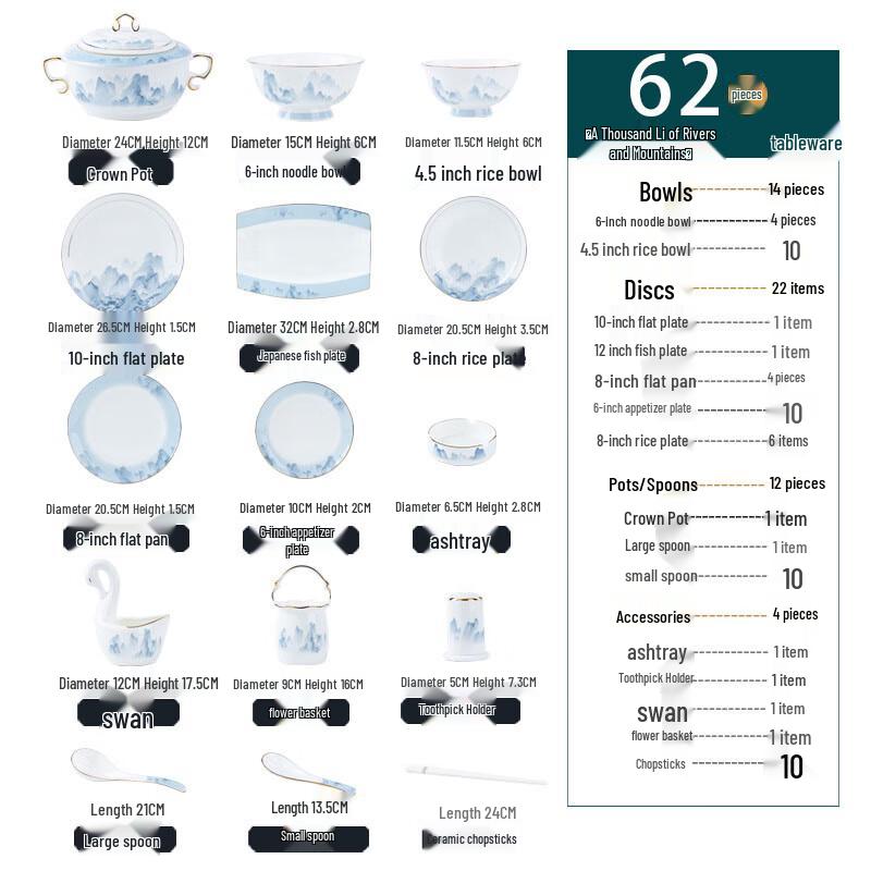 Jingdezhen Qianli Jiangshan Ceramic Dinnerware Set, 62-Piece