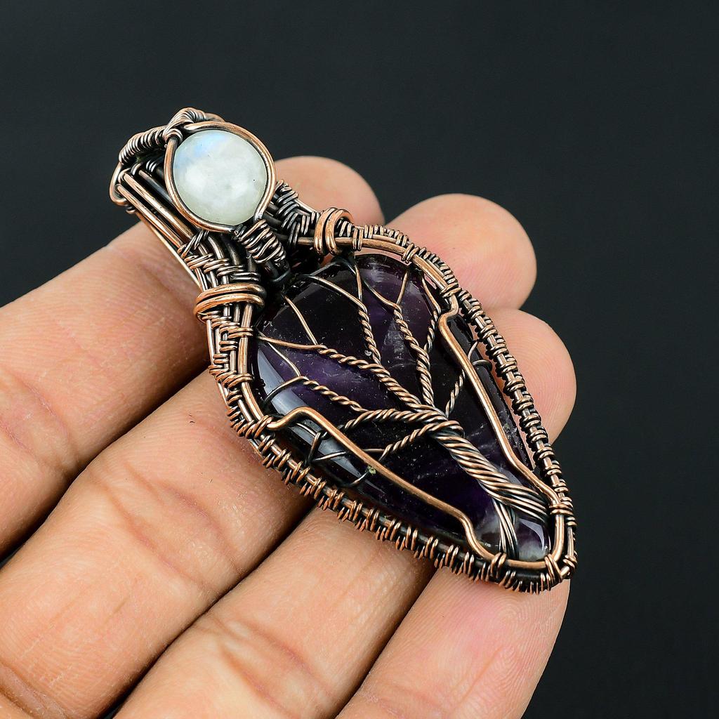 Tree of Life Wire Wrapped Amethyst & Moonstone Pendant Handmade Copper Jewelry for Women Healing Crystal Necklace Gift