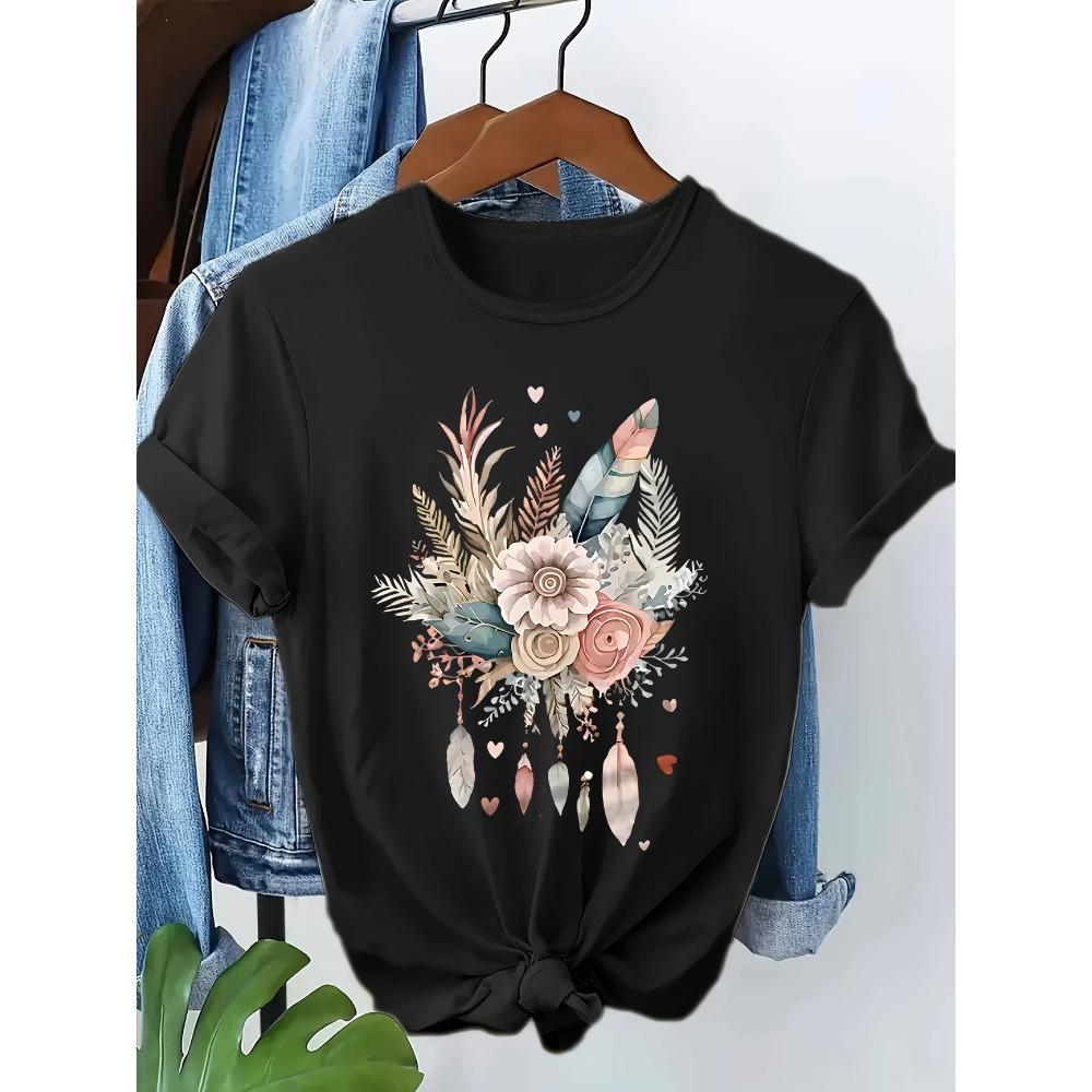 

90s T Shirt Love Heart Feather Graphic Print T-shirt Short Sleeve Crew Neck Casual Top Summer Spring Women s Clothing Top Tee XS