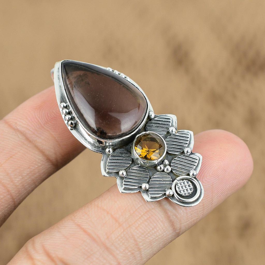 Natural Smokey Quartz Gemstone Pendant 925 Sterling Silver Indian Jewelry