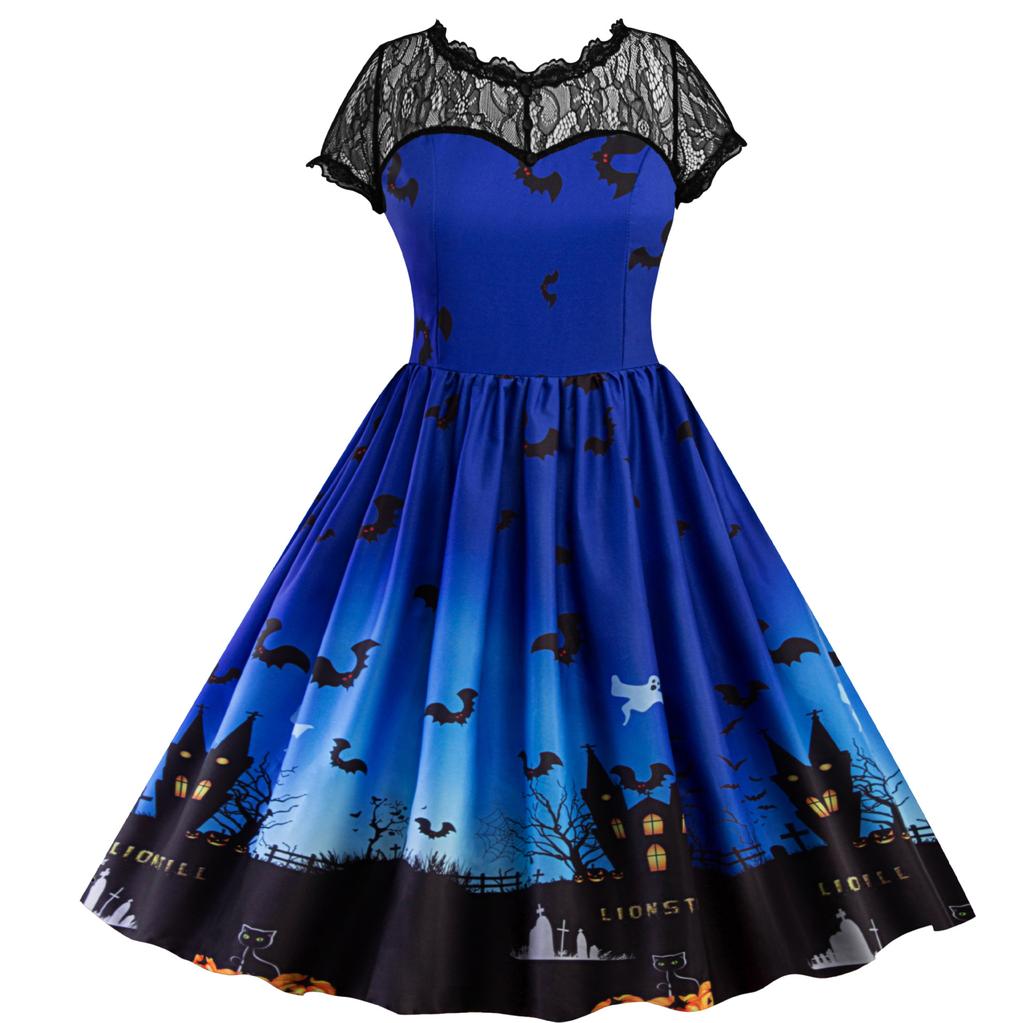 Amazon Cross-border European and American Halloween Dark Bat Women's Clothing, Foreign Trade 2023 New Lace Flower Dress