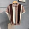 Polo de Verano para Hombre Vintage Rayado Único Cremallera Manga Corta Seda de Hielo Punto Top Camiseta Casual