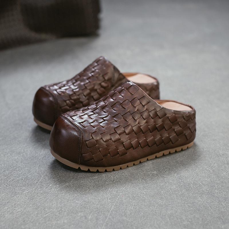 Johnature Handmade Woven Round Toe Outdoor Platform Slippers Genuine Leather Versatile Women's Shoes