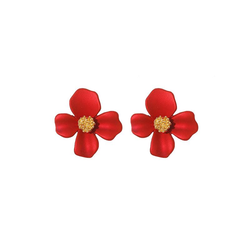 Red Petals Temperament Cute Small Flower Stud Earrings Female