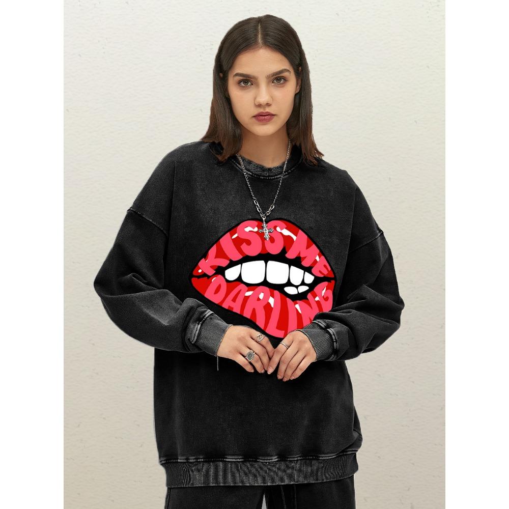 Kiss Me Darling Red Lips Prints Women Washed Sweatshirt Fashion Oversized Pullover Cotton Autumn Streetwear Clothes