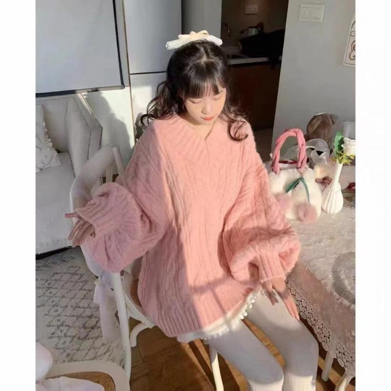 Autumn and winter new loose pullover knitted sweater thickened medium and long sweater women's lazy wind v-neck twist top