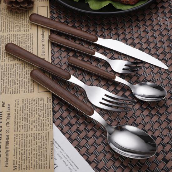 Tableware Solid Rust-Proof Faux Wood Handle Stainless Steel Spoon k Knife Household