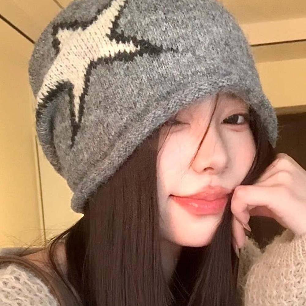 Streetwear Star Knitted Hat Elastic Y2K Pullover Cap Versatile Brimless Beanie Cap Women