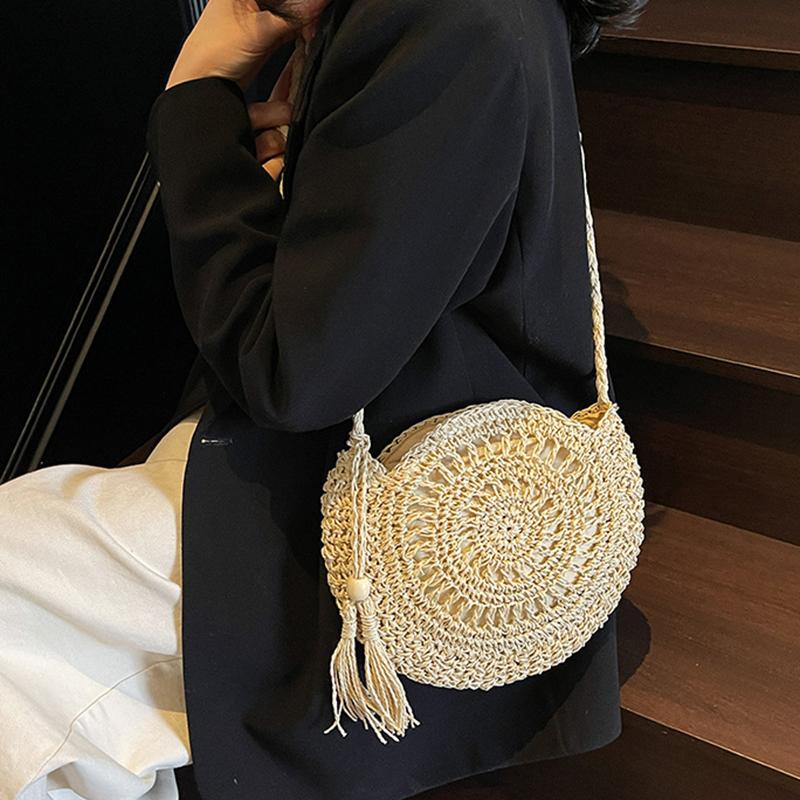 Women Hollow Straw Bag Circle Rattan Bag Round Soft Paper Rope Shoulder MessengerBag Tassel Summer Beach Handmade Crossbody Bags
