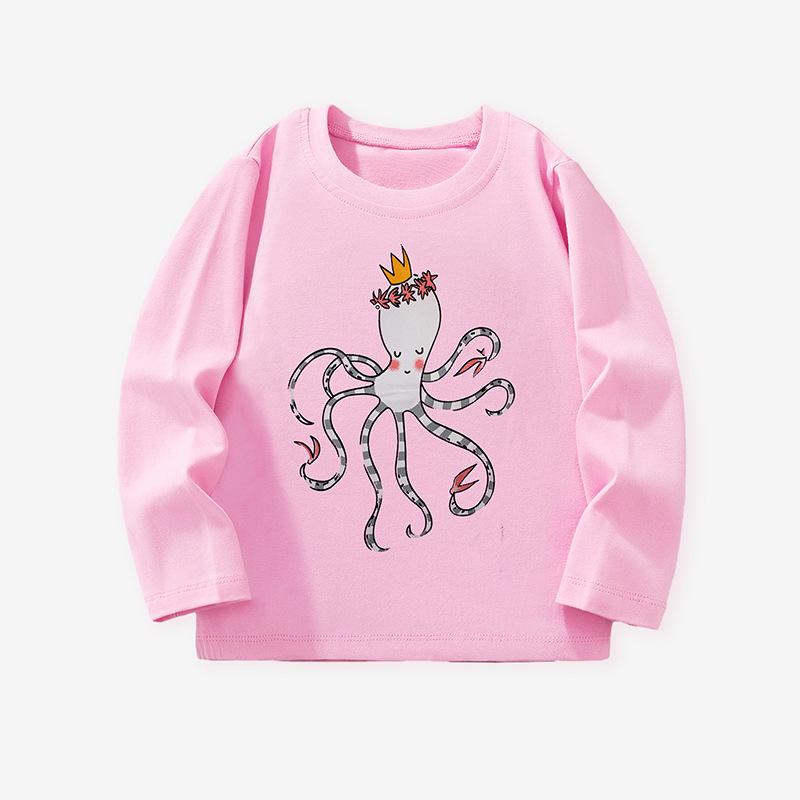 

Autumn/Winter Girls Long-Sleeve Cartoon Octopus T-Shirt - Cute Print Round Neck Base Shirt 7Y (130cm)