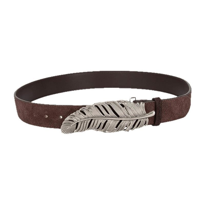 

New Design-sensory Leaves Silver Buckle Leather Belt Women s Frosted Reverse Velvet Retro Paired with Jeans Belt European and American Belt 105cm