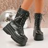 Punk Style Chunky Motorcycle Boots Women Thick Bottom PU Leather Ankle Boots Woman Metal Chain Decor Gothic Platform Botas Mujer