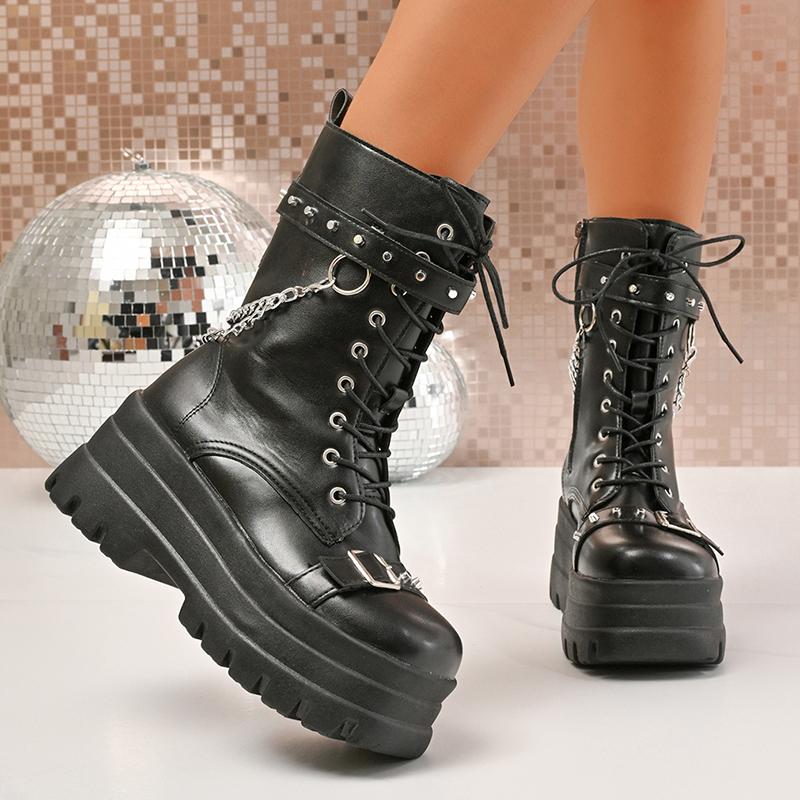 Punk Style Chunky Motorcycle Boots Women Thick Bottom PU Leather Ankle Boots Woman Metal Chain Decor Gothic Platform Botas Mujer