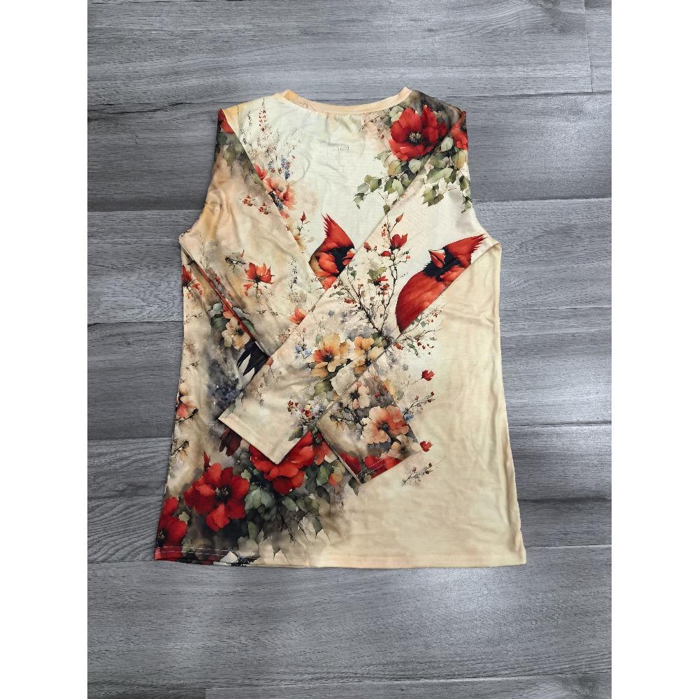 floral print crew neck T-shirt, casual long-sleeved top, suitable for spring and autumn, women's clothing