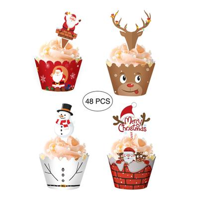 48 Stück Weihnachts-Cupcake-Topper, Cupcake-Verpackungen, Party-Zubehör/Gastgeschenke – Schneemann/Weihnachtsmann C