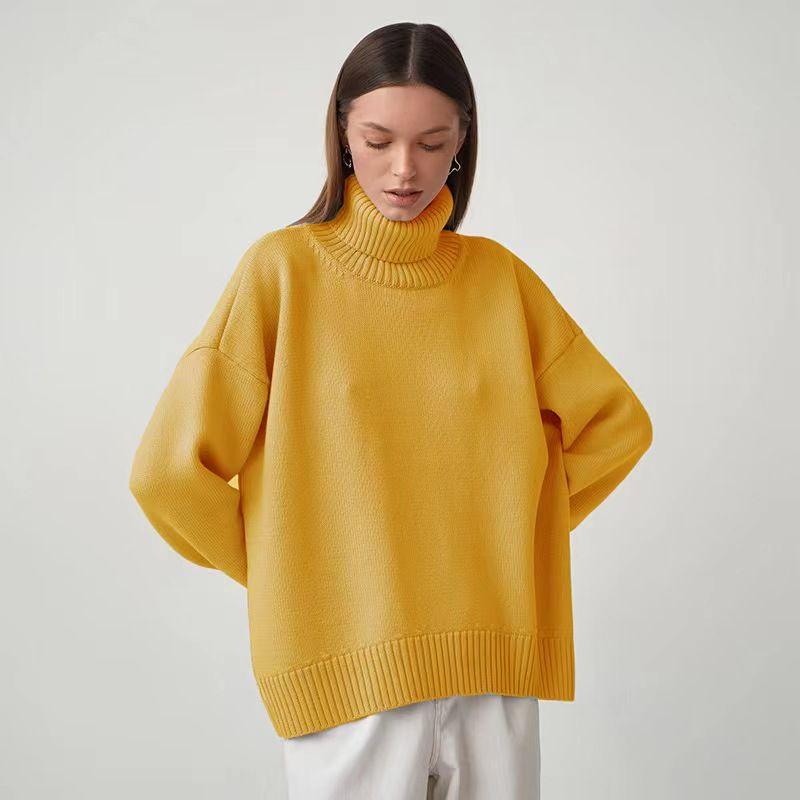 New Arrival Fall and Winter Plaid Loose All-Matching Graceful Pullover Turtleneck Sweater Turtleneck Loose Sweater