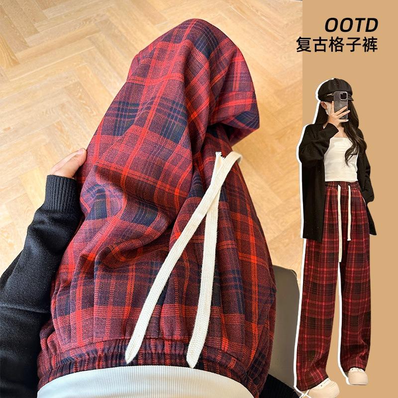 Thickened Plaid Pants Women's Fleece Pants Autumn and Winter High Waist Loose Lace-up Trousers Retro Casual Wide-leg Trousers