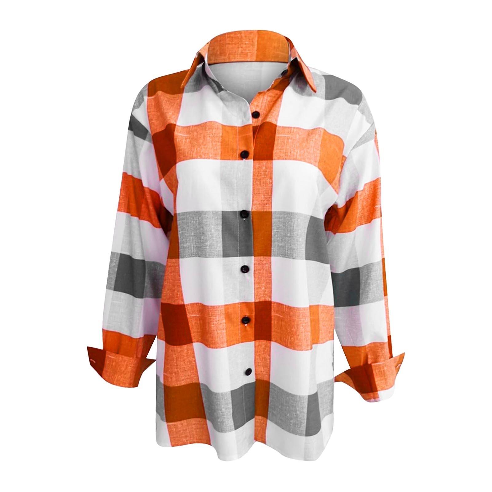 

Женская мода Свободная клетчатая блузка с принтом и топами с длинными рукавами XL оранжевый