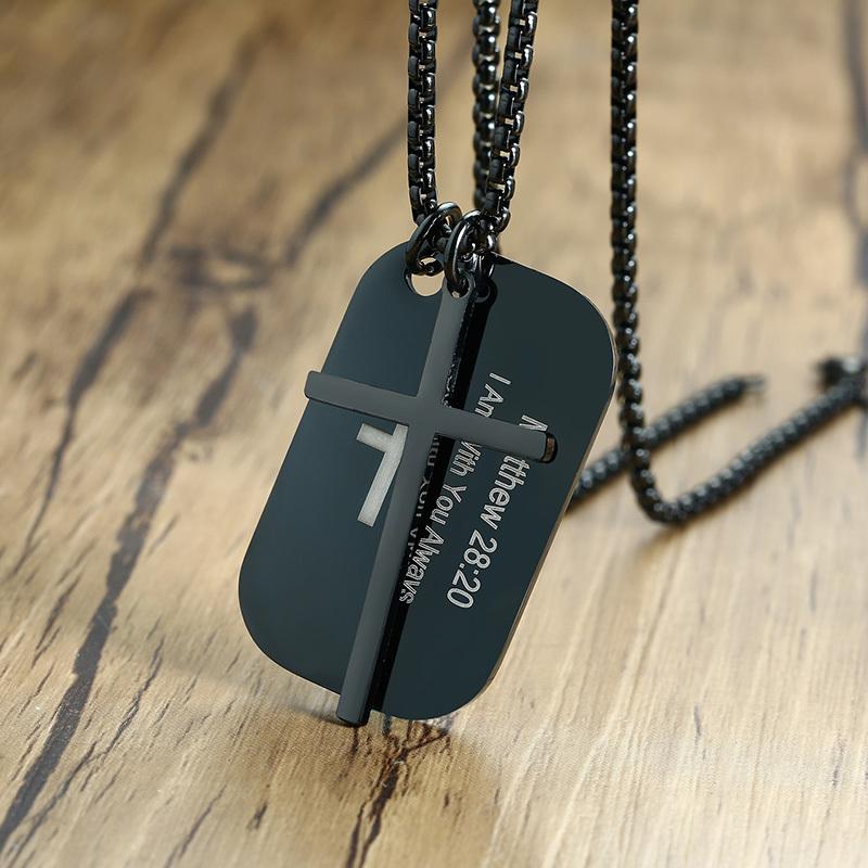 Vnox Personalized The Bible Cross Dog Tag Necklaces for Men Women, Black Stainless Steel Custom Prayer Christian Jewelry