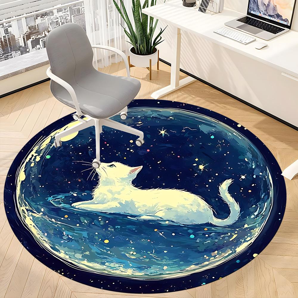 1PC Galaxy Cat Office Round Area Rug, Mat Suitable For Office, Under Office Chairs Bedroom Living Room Home Decor, Room Deco