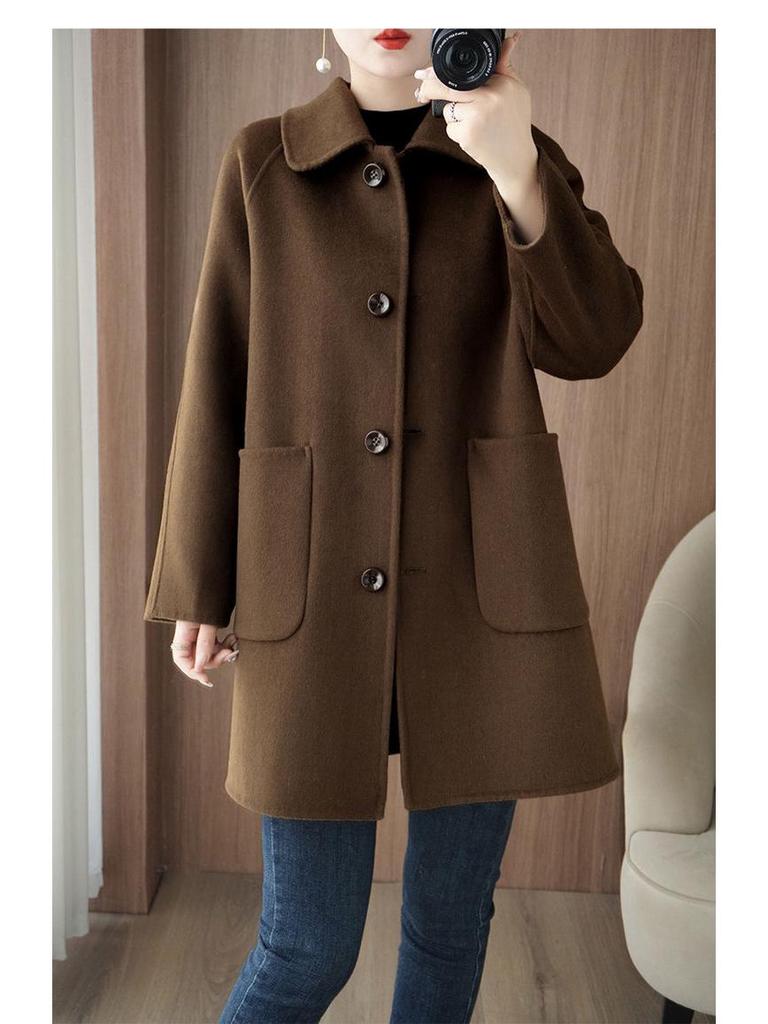 Dámský oboustranný vlněný kabát s límečkem Peter Pan - High-endový, zeštíhlující, volný střih zimní svrchní oděv pro drobnou eleganci