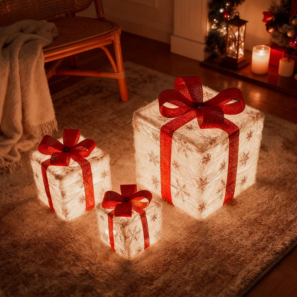 Weihnachtsbeleuchtung, Weihnachtsgeschenkbox, Dreiteiliges Set, Weihnachtsprodukte, Requisiten und Ornamente zur Dekoration für Geburtstagsfeiern.