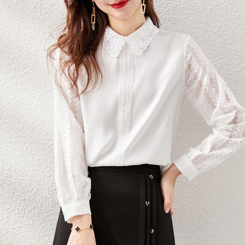 

Srcr Women s Lace Embroidered Long Sleeve Chiffon Blouse with Doll Collar 2XL